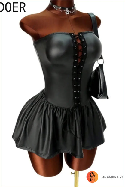 Black Faux Leather Lace-Up Corset Mini Dress