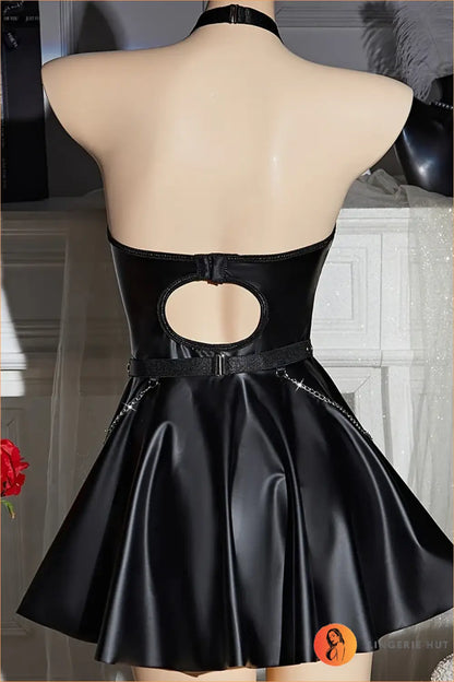 Red Wet-Look Halter Mini Dress with Chain Belt