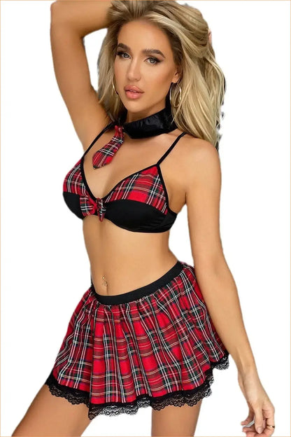 Red Plaid Schoolgirl Costume Set with Collar and Tie