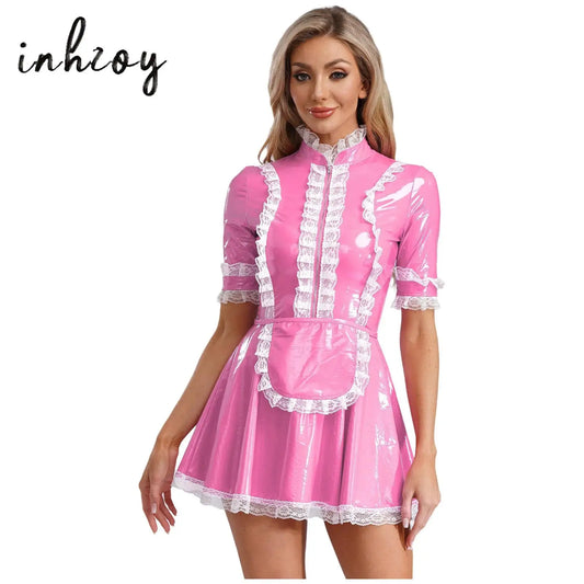 PVC Maid Costume with Lace Ruffle Trim - After Dark Shine