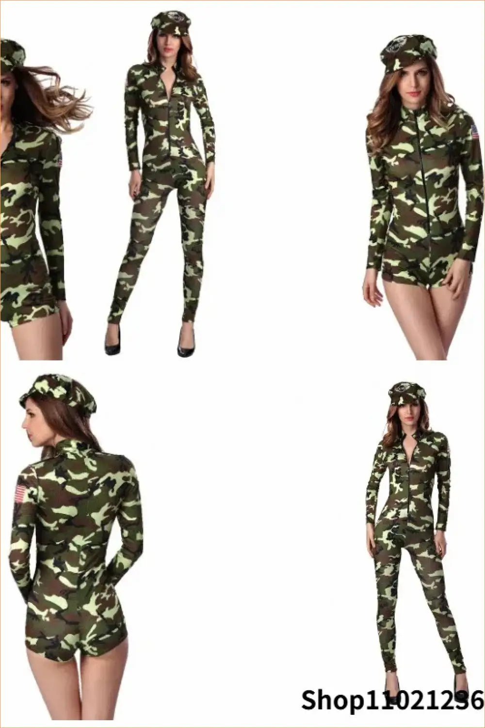 Camo Army Jumpsuit Costume with Zip Front & Matching Cap