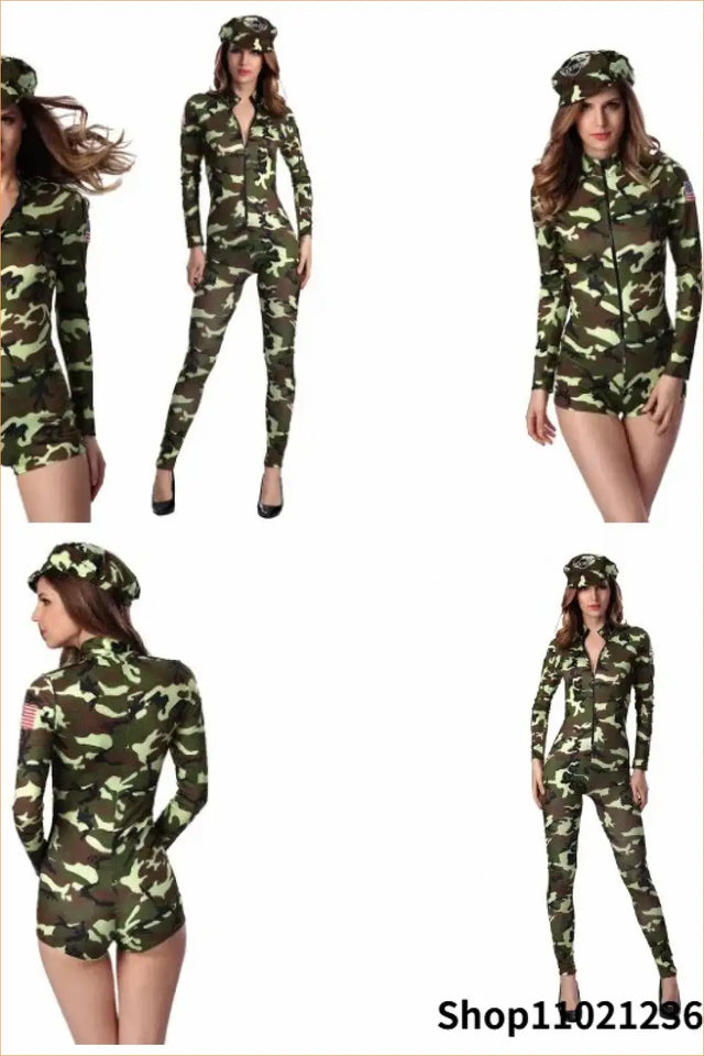Camo Army Jumpsuit Costume with Zip Front & Matching Cap