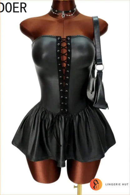 Black Faux Leather Lace-Up Corset Mini Dress