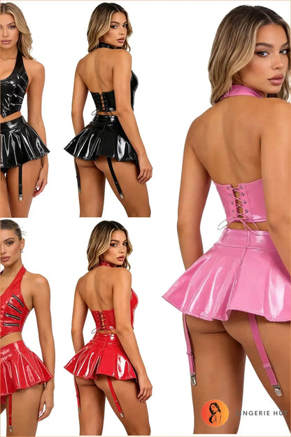 Wet-Look Pink Lace-Back Halter Crop Top and Garter Skirt Set