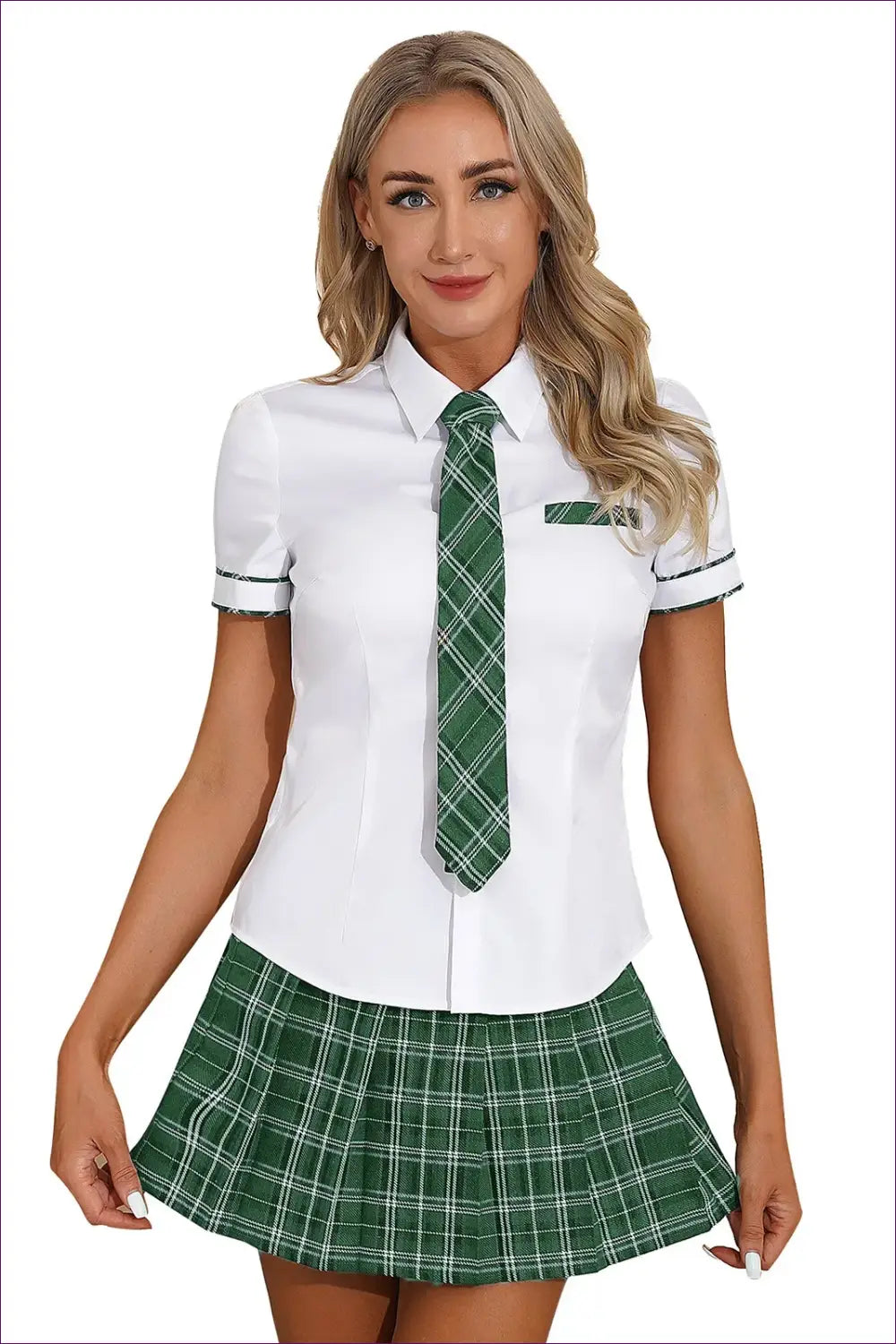 Schoolgirl Uniform Set with Plaid Pocket Trim - Playful Charm