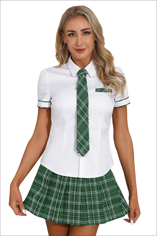 Schoolgirl Uniform Set with Plaid Pocket Trim - Playful Charm