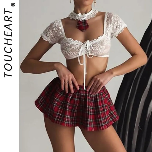 Sheer Lace Crop Top with Plaid Mini Skirt and Tie
