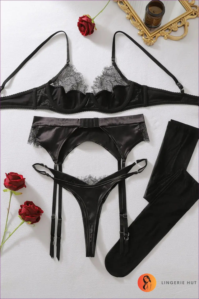 Satin Bra Set with Lace Cups and Garter Belt - Private Luxury