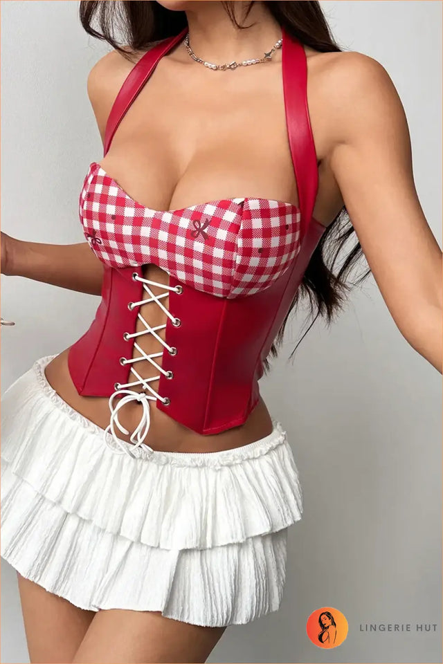 Red Gingham Lace-Up Corset Top