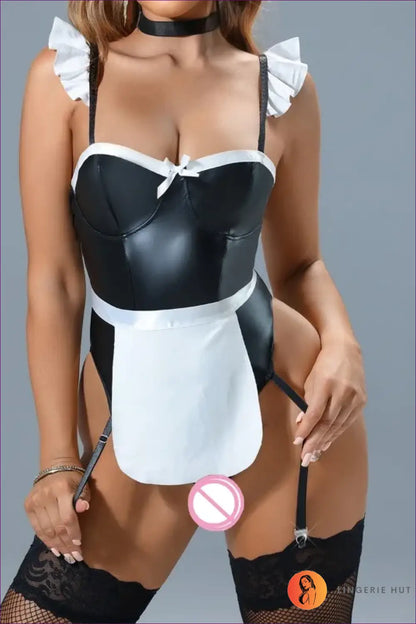 Leather-Look Maid Costume with Ruffled Straps - Bold Confidence