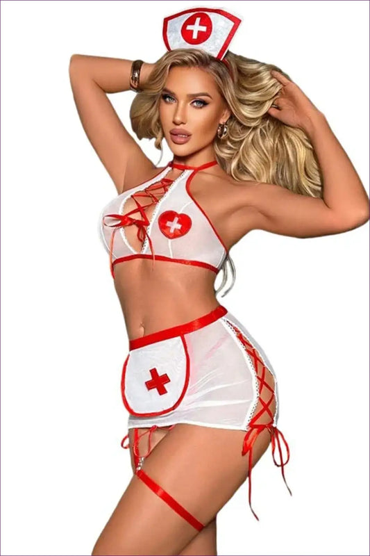 Sheer Nurse Costume Set with Lace-Up Ties - Confident Evenings