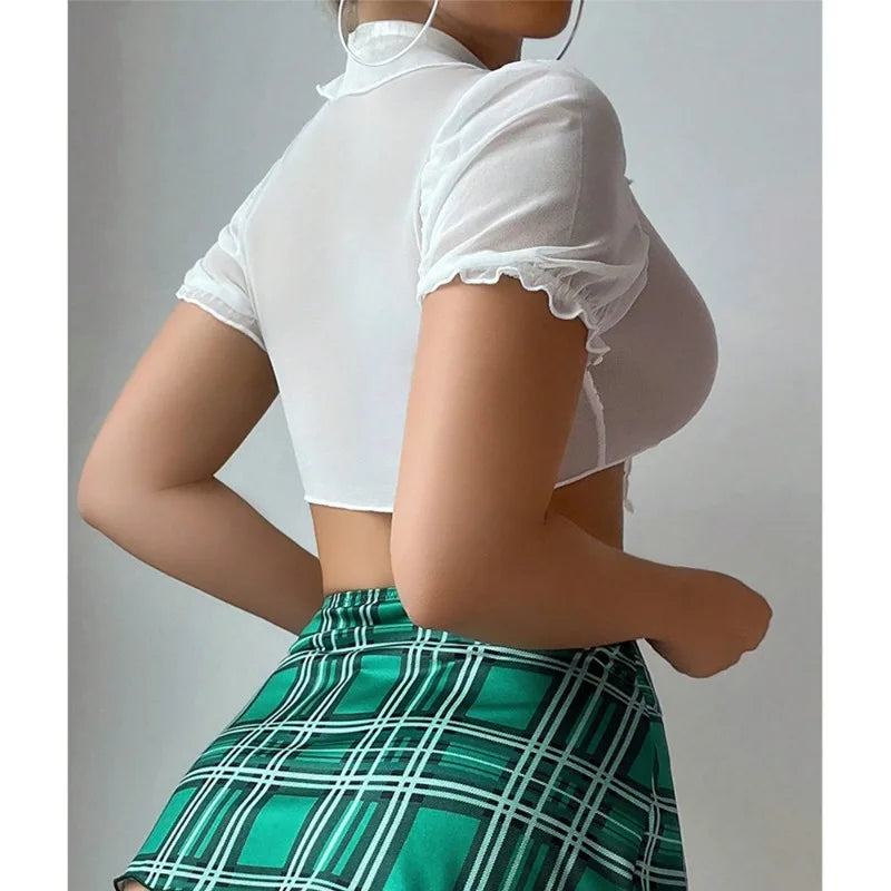 Schoolgirl Costume with Mesh Crop, Slit Skirt and Stockings