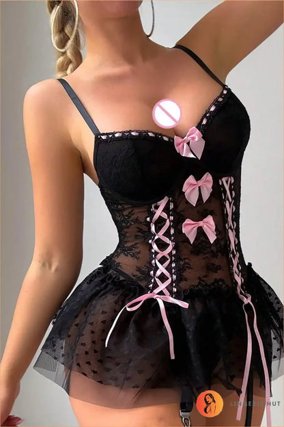White Lace-Up Corset Babydoll with Ribbon Choker