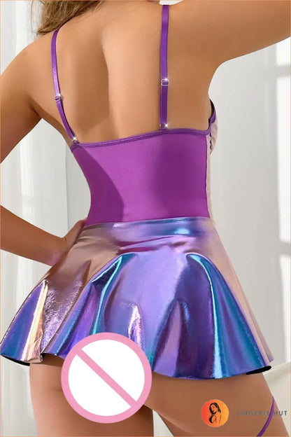 Holographic Harness-Neck Flared Mini Dress
