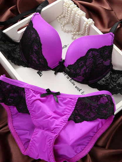 Lace Overlay Bra and Brief Set with Centre Bow