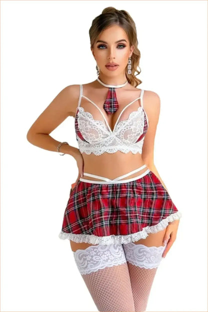 Schoolgirl Costume with Lace Bralette, Plaid Mini and Hold-Ups