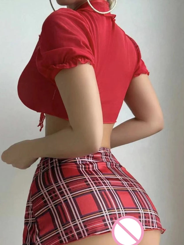 Schoolgirl Costume with Mesh Crop, Slit Skirt and Stockings