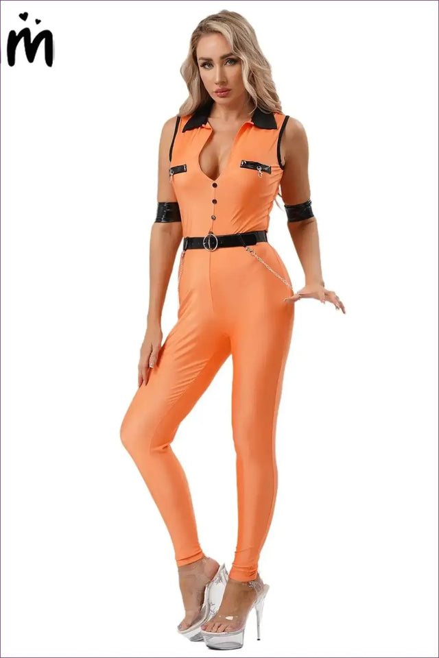 Prisoner Costume Jumpsuit with Chain Belt - State Issue Ease