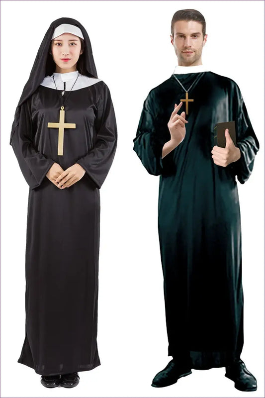 Nun Costume with Veil, Collar and Cross - Halloween Role Play