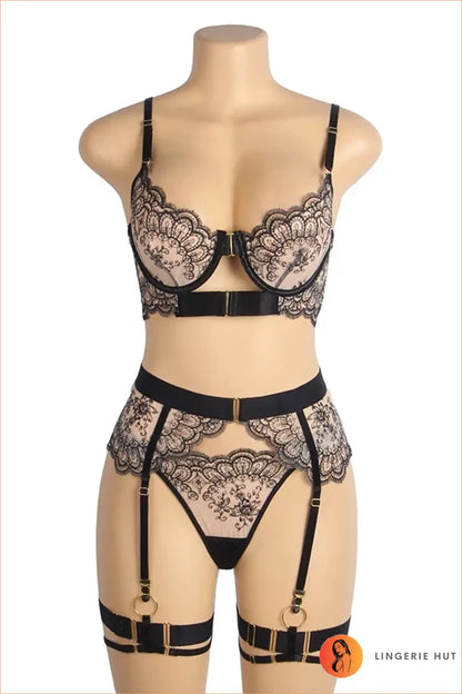 Black Lace Garter Set with Gold Hardware