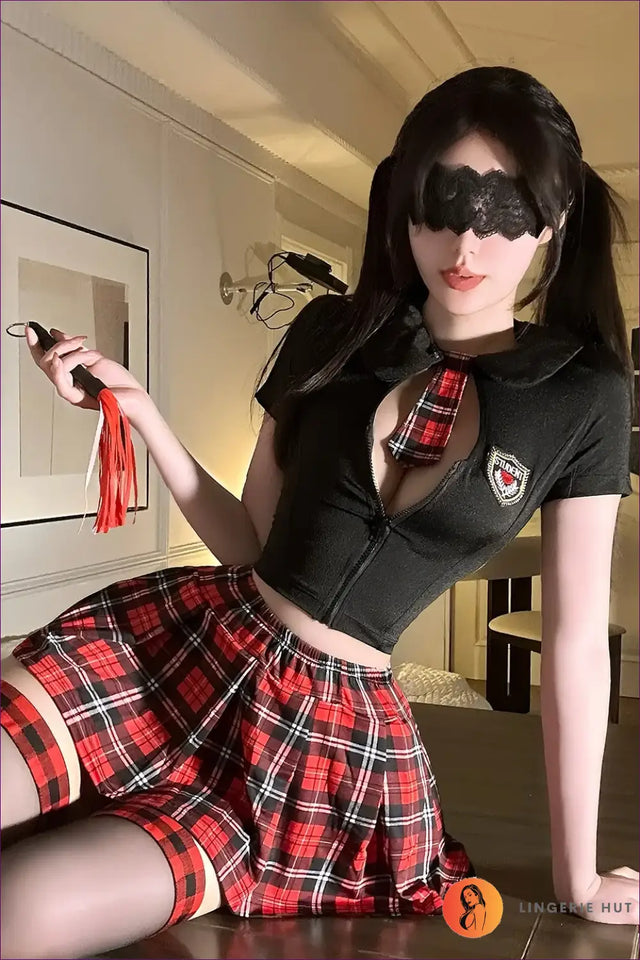Sexy Schoolgirl Costume with Zip Crop Top - Playful Fantasy