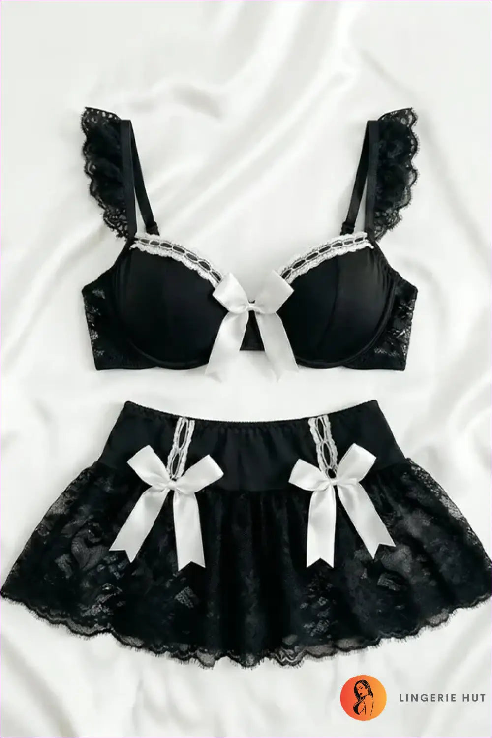 Lace Bra and Shorts Set with Bow Trim - Private Luxury
