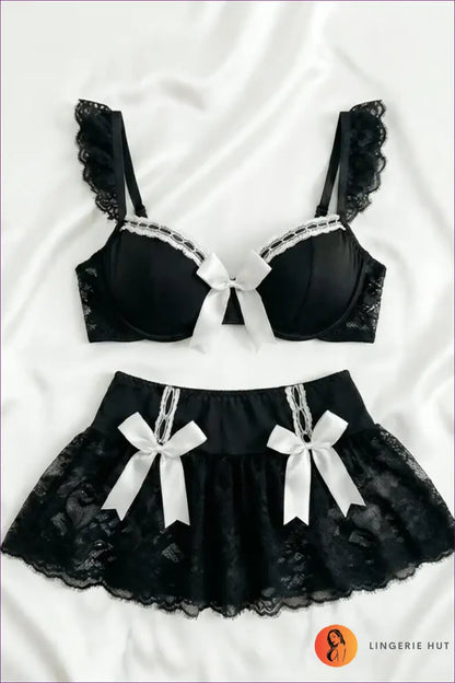 Lace Bra and Shorts Set with Bow Trim - Private Luxury