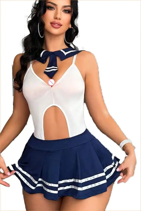 Sheer Cutout Bodysuit with Pleated Mini Skirt and Collar