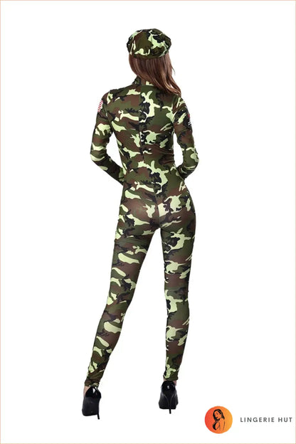 Camo Army Jumpsuit Costume with Zip Front & Matching Cap