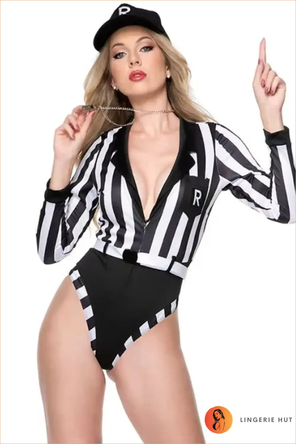 Long Sleeve Striped Referee Roleplay Bodysuit with High-Cut Leg