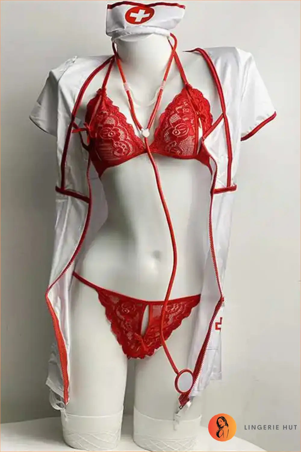 Zip-Front Nurse Costume with Red Lace Bra