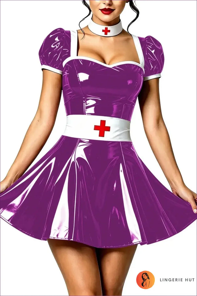 Nurse Costume with Puff Sleeves and Matching Choker - Playful Fantasy