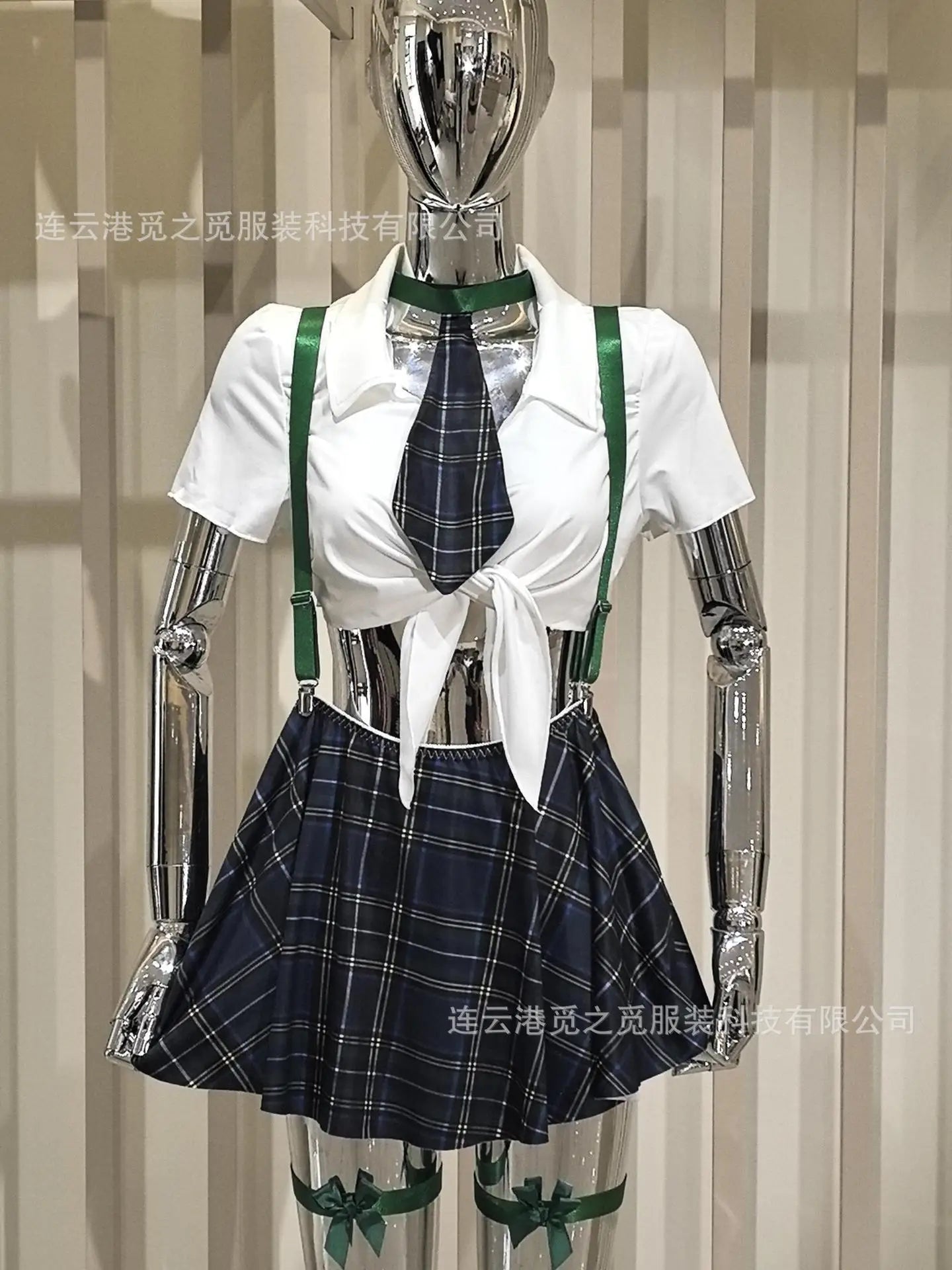 Tie-Front Crop Shirt with Plaid Mini Skirt and Suspenders