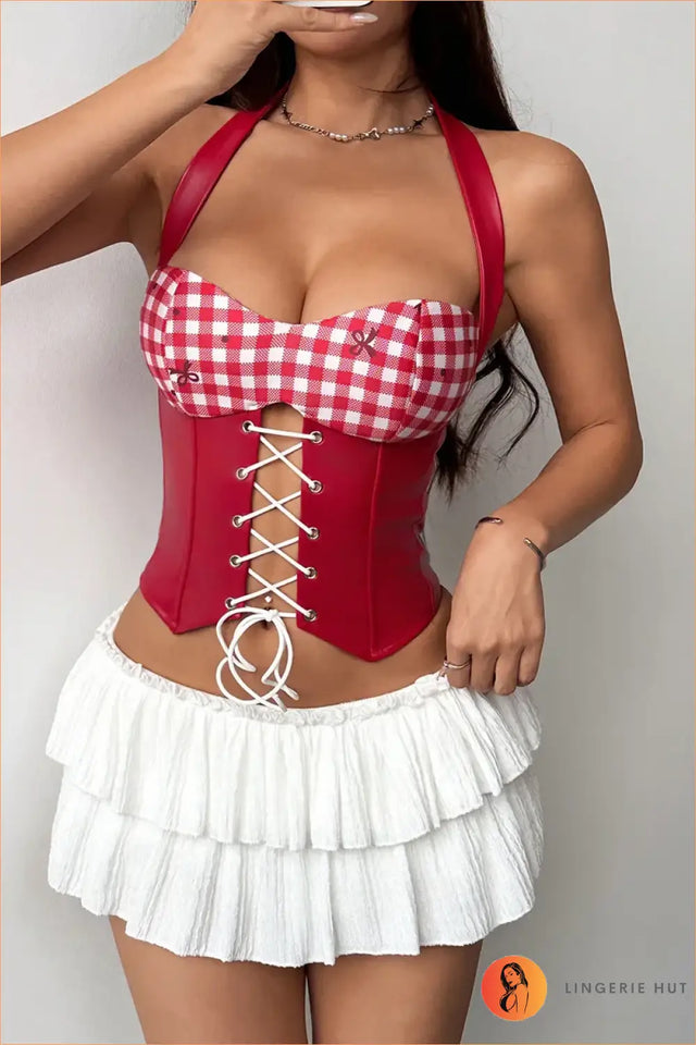 Red Gingham Lace-Up Corset Top