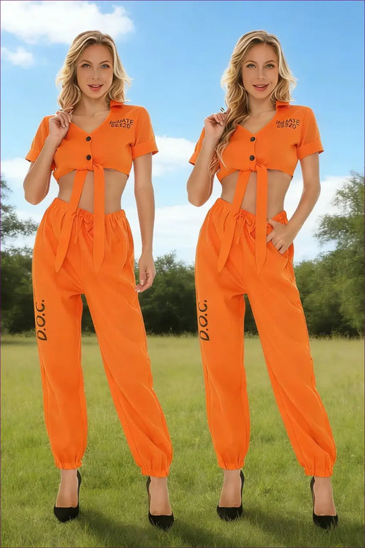 Prisoner Costume Jogger Set with Tie-Front Top - Yard Time Ease