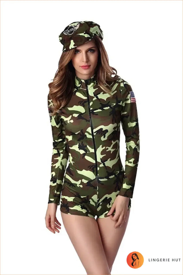 Camo Army Jumpsuit Costume with Zip Front & Matching Cap
