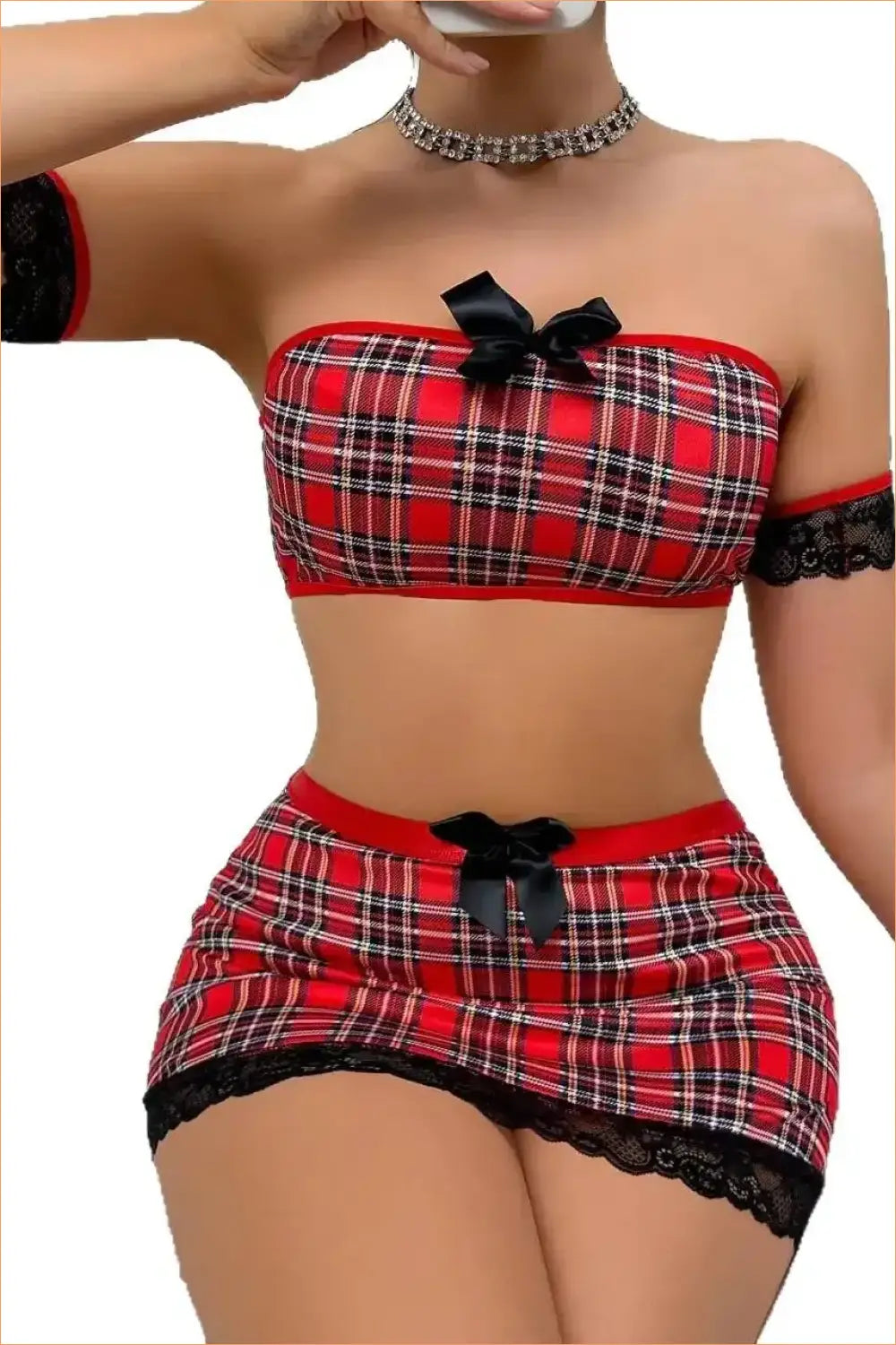 Red Tartan Schoolgirl Costume Set with Lace Arm Cuffs