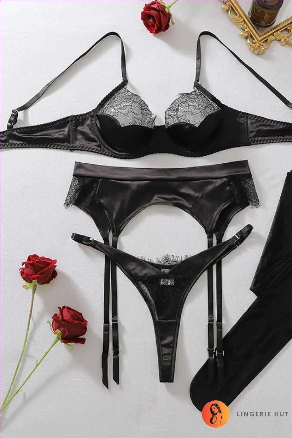 Satin Bra Set with Lace Cups and Garter Belt - Private Luxury