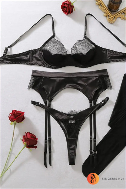 Satin Bra Set with Lace Cups and Garter Belt - Private Luxury