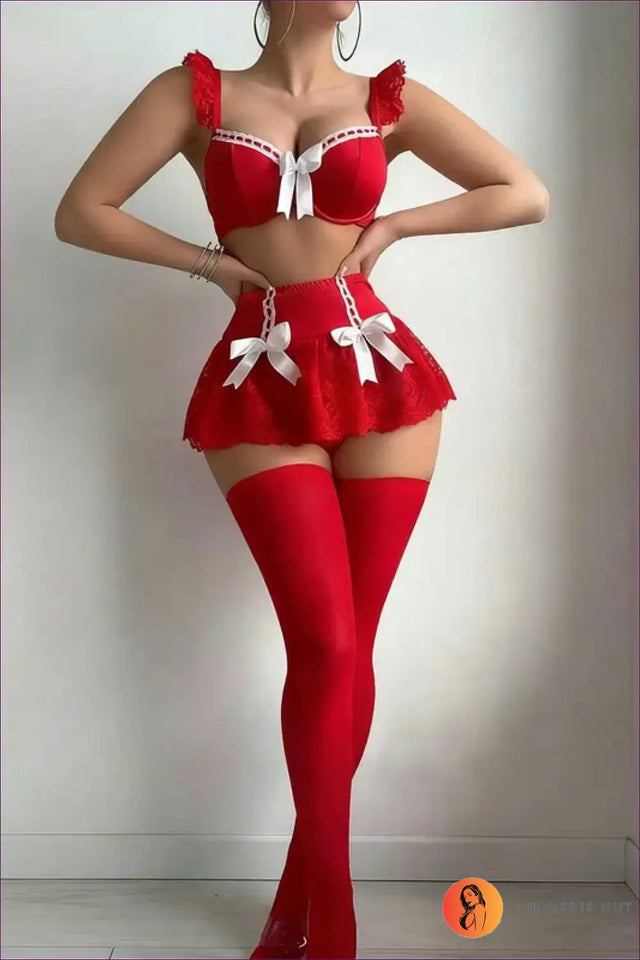 Lace Bra and Shorts Set with Bow Trim - Private Luxury