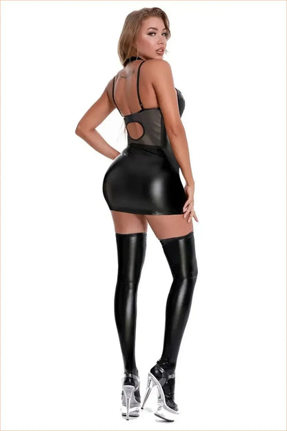 Wet Look PVC Mini Bodycon Dress with Spaghetti Straps and Cutout Back