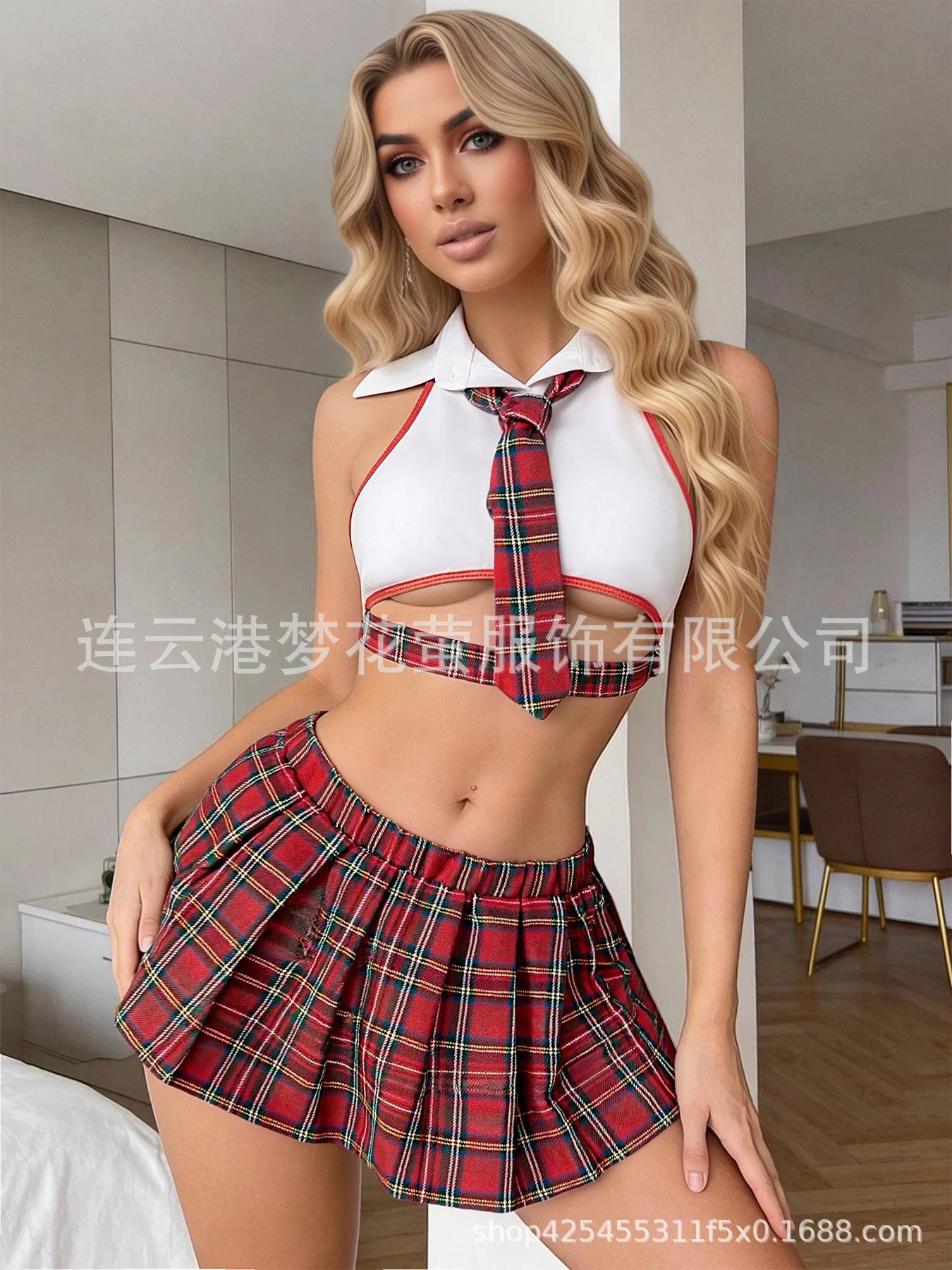 Schoolgirl Costume with Collared Halter and Pleated Skirt