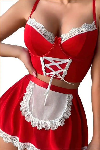 Red Lace-Up Maid Costume Two-Piece Set