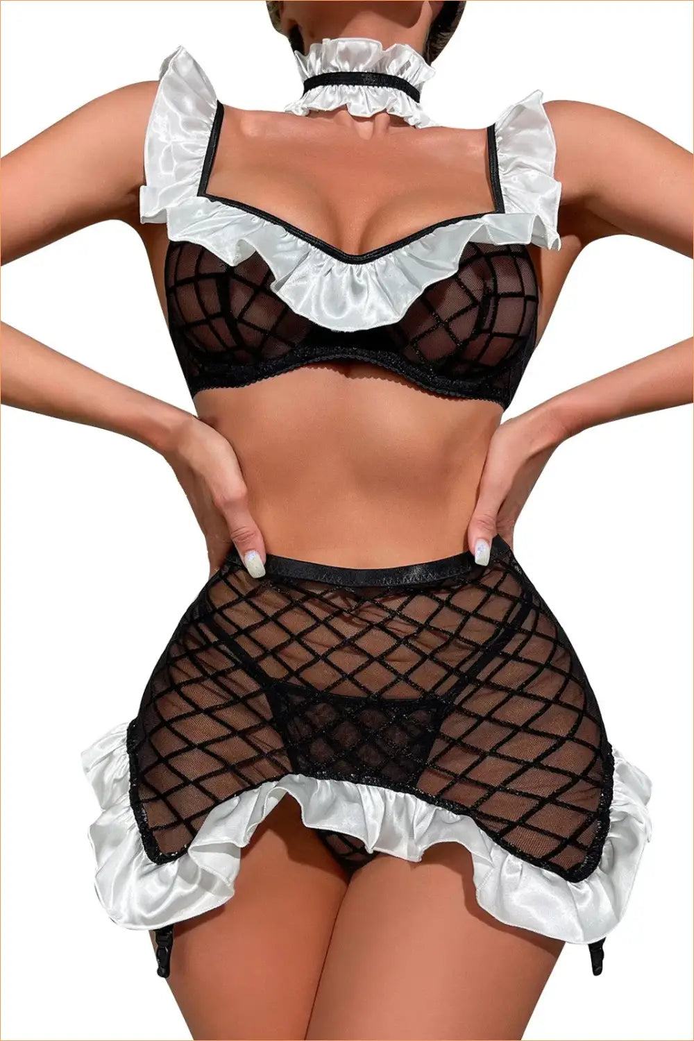 French Maid Lingerie Set with Diamond Fishnet Bra and Suspender Skirt