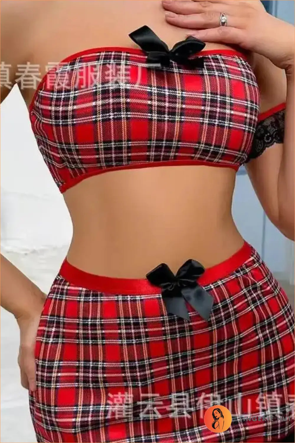 Red Tartan Schoolgirl Costume Set with Lace Arm Cuffs
