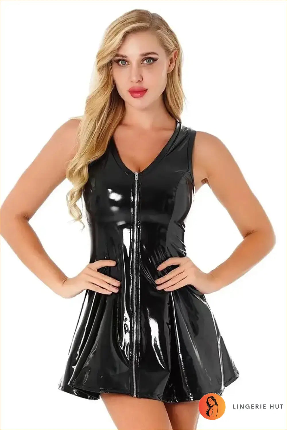Red Wet-Look Zip-Front Skater Dress