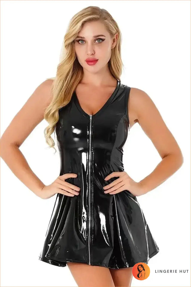 Red Wet-Look Zip-Front Skater Dress
