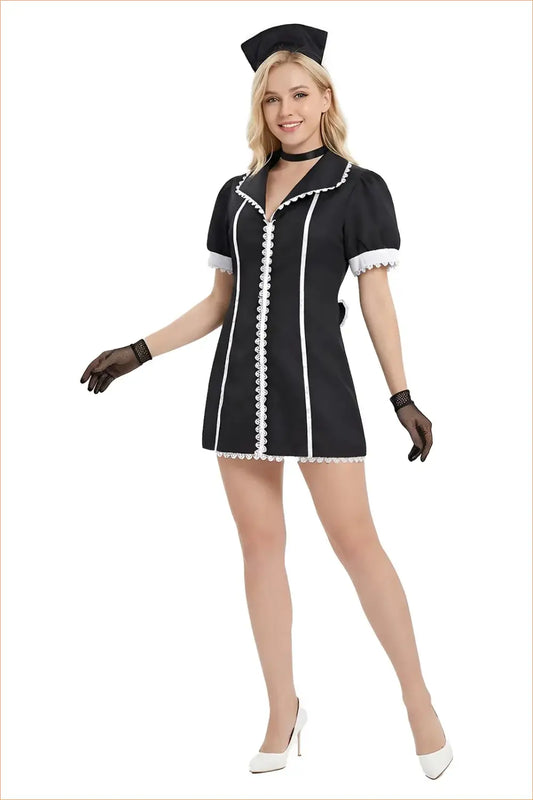 Nurse Costume Mini Dress with Scalloped Lace Trim and Cap