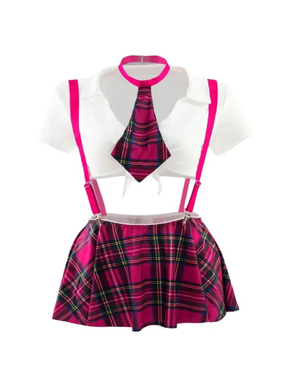 Tie-Front Crop Shirt with Plaid Mini Skirt and Suspenders