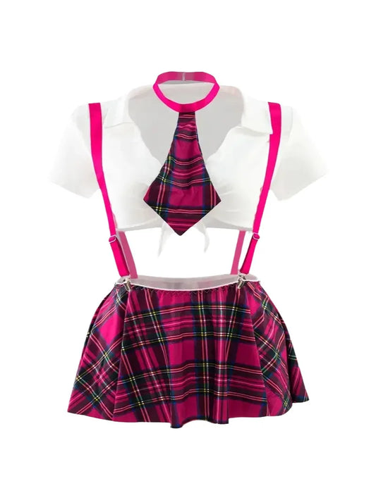 Tie-Front Crop Shirt with Plaid Mini Skirt and Suspenders